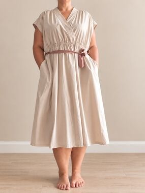 Calvin Klein Beige Wrap Midi Dress with Rose-Tone Waist Tie